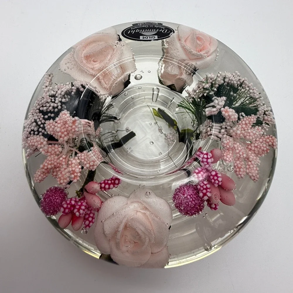 Gilde Dreamlight Candle Holder Germany Pink Rose Floral Resin Round 4in